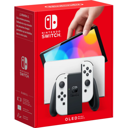 nintendo switch oled gamingkonsoll med hvite joy con kontroller pdp zoom 3000